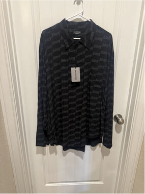Balenciaga BB Monogram Silk Crepe Button Up Shirt Black Grey Size 38 NWT
